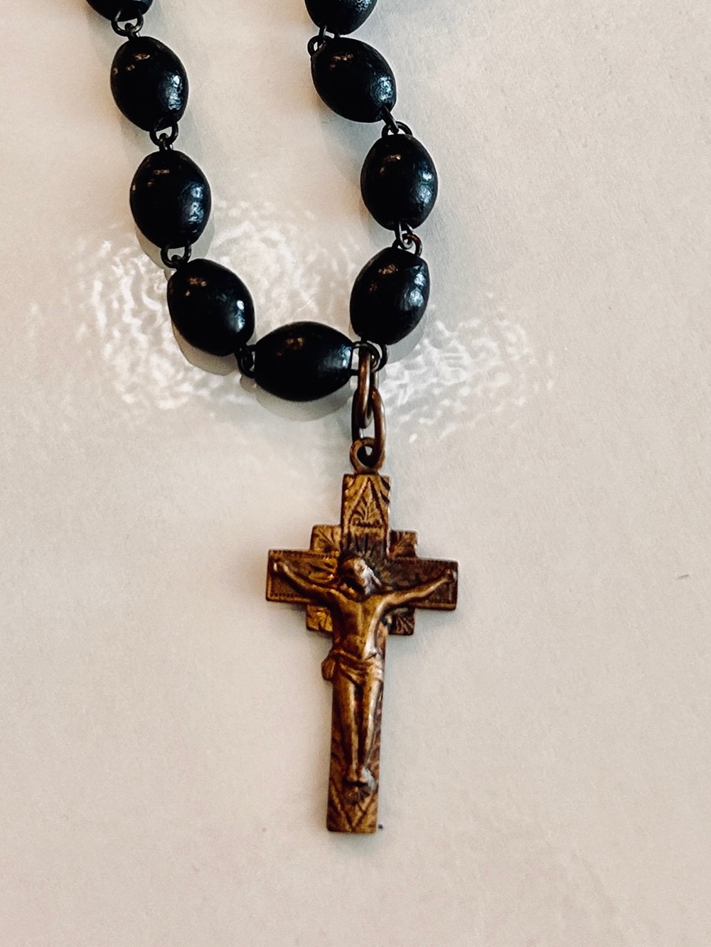 Vintage Bronze Black Beaded Religious Cross 18 inch Necklace